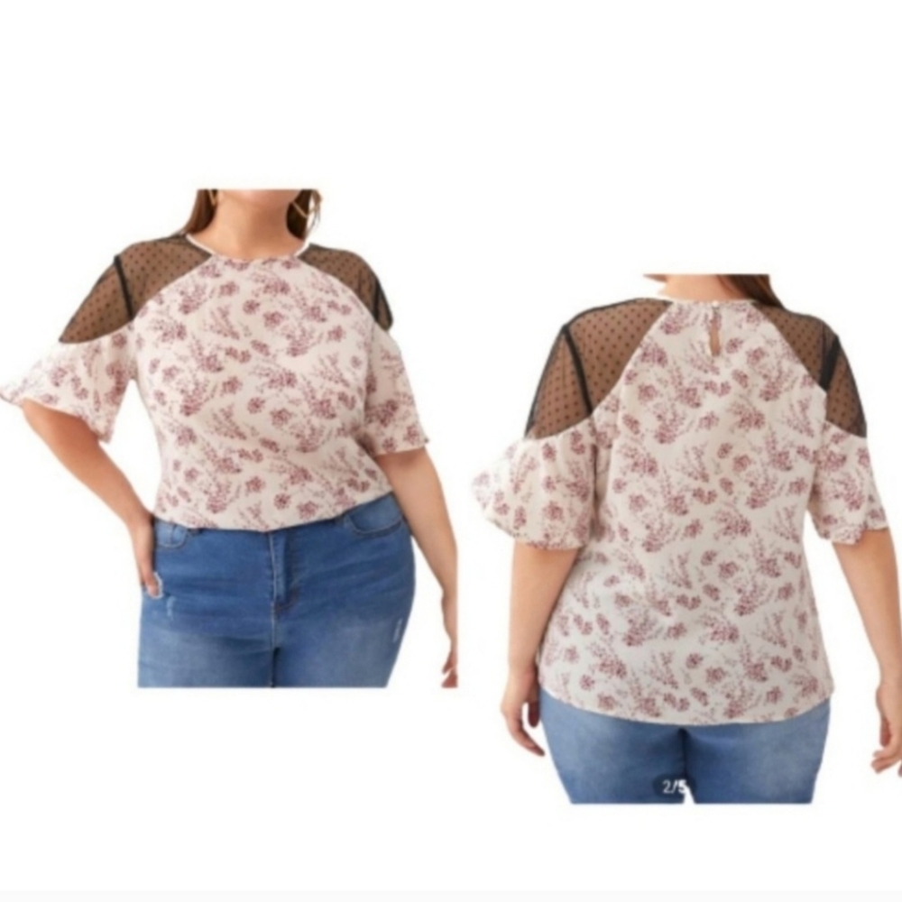 SHEIN Curve Mixed Media Blouse Ivory Burgundy Floral Print Mesh Shoulders Ruffle